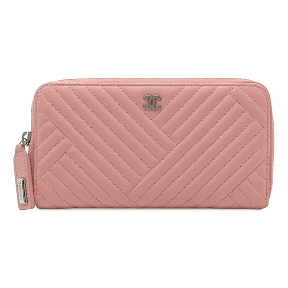 CHANEL Pink Lambskin Leather Logo Wallet